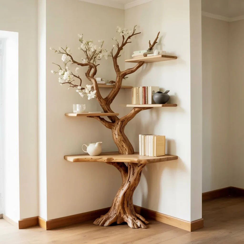 Solid wood tree bookshelf with live edge shelves, books, and decor in a modern living room corner.
